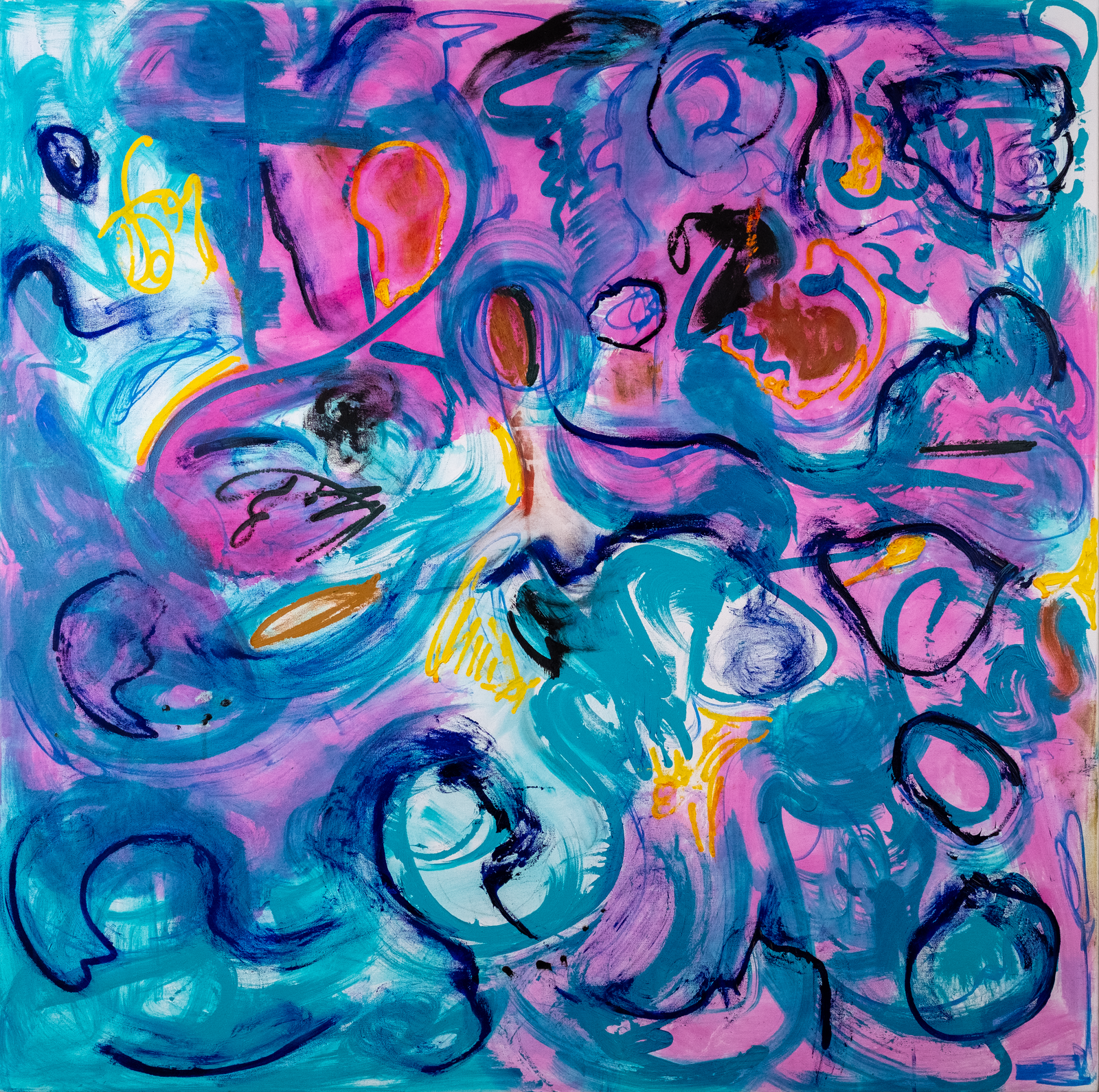 Teals and magentas, swirls about an uplifting mood. A play on visual greeting.