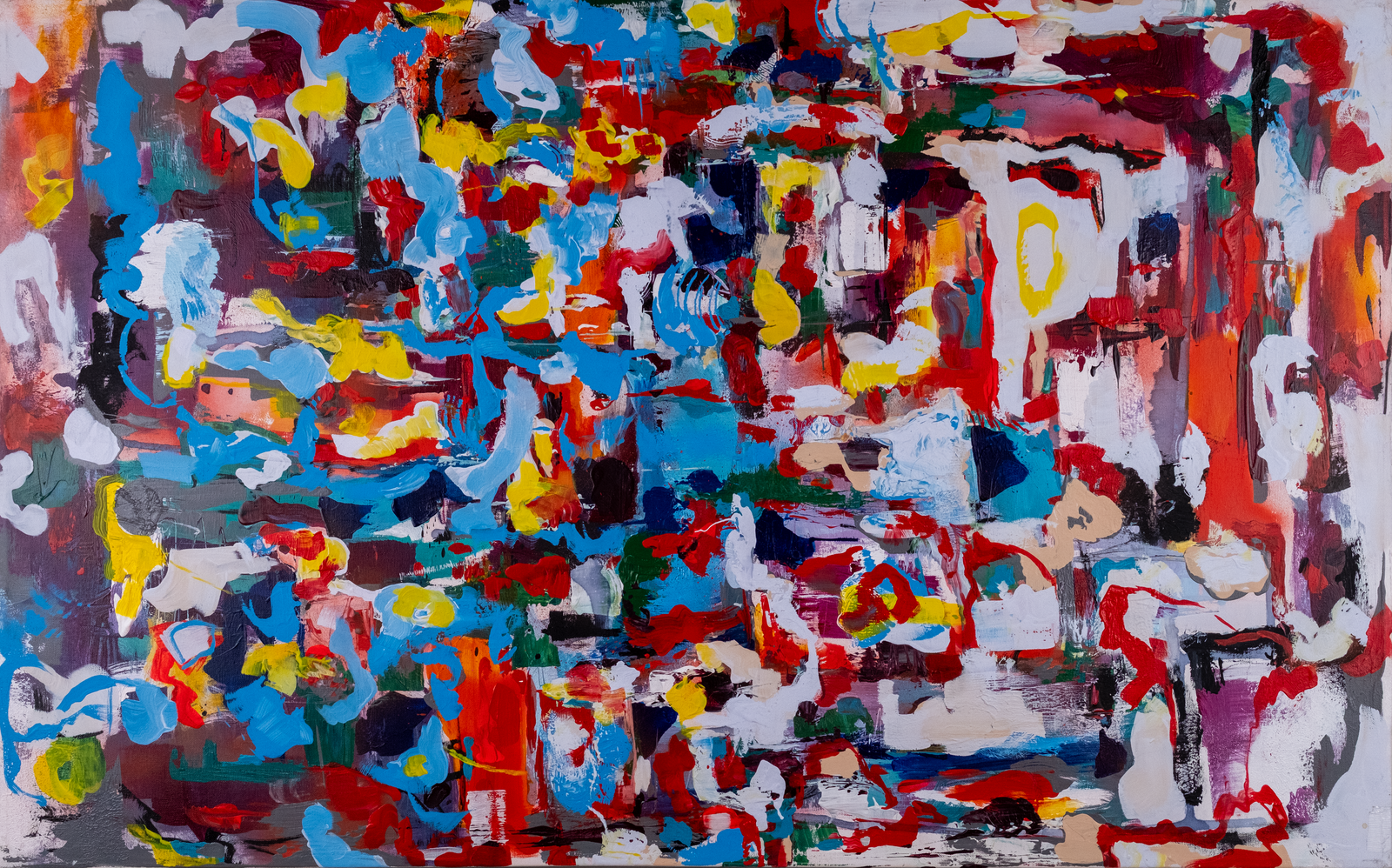 An expressive, playful work featuring many colors, an expression of crowding and movement.