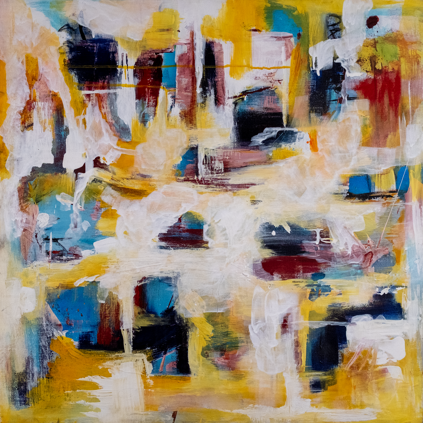 Abstract expressionist painting, featuring yellow, blue and red in a square composition.