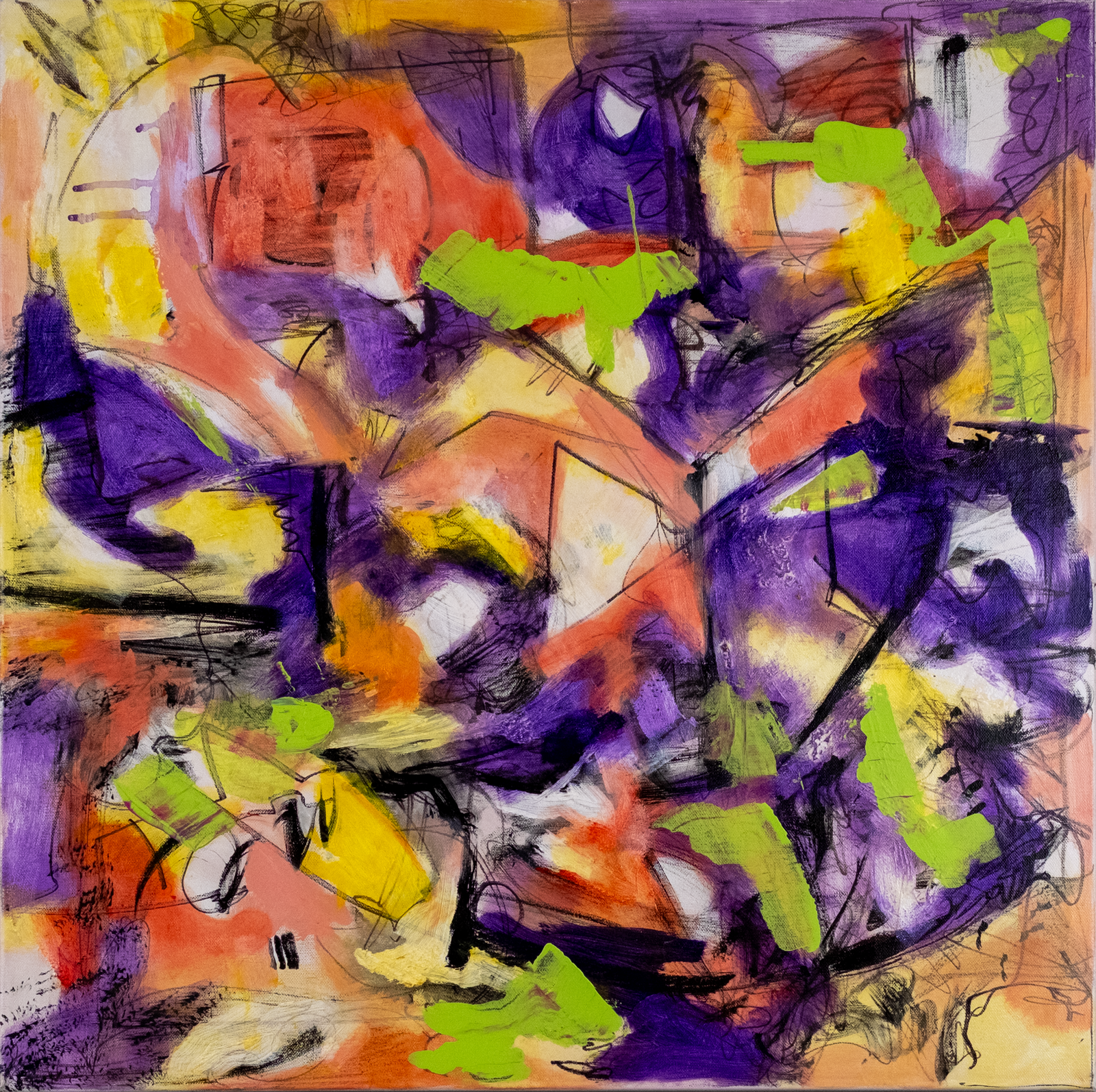 A use of orange and purple, green and yellow, in the expression of excitement and composition.