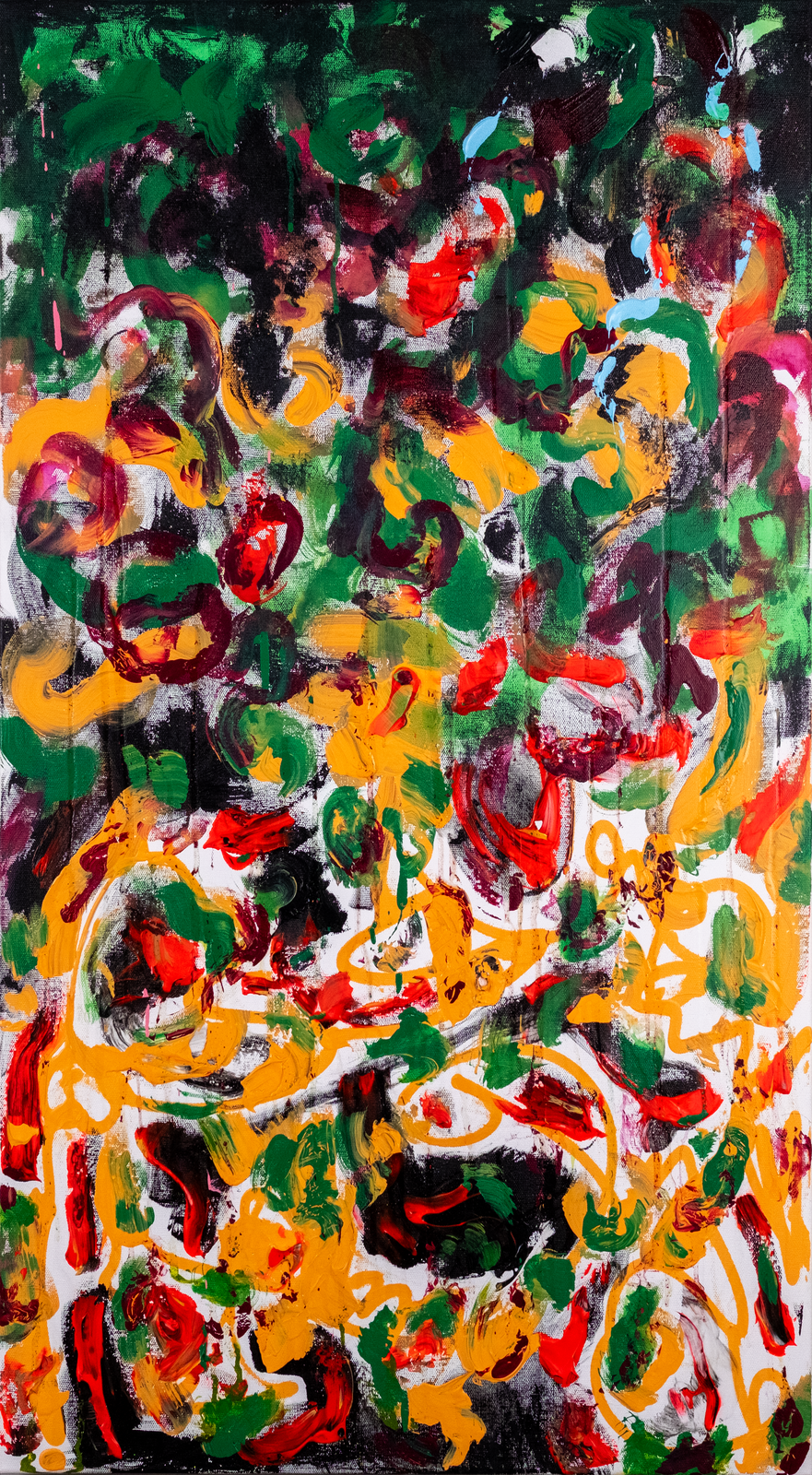 An abstract expression of color and movement featuring green, red and gold.