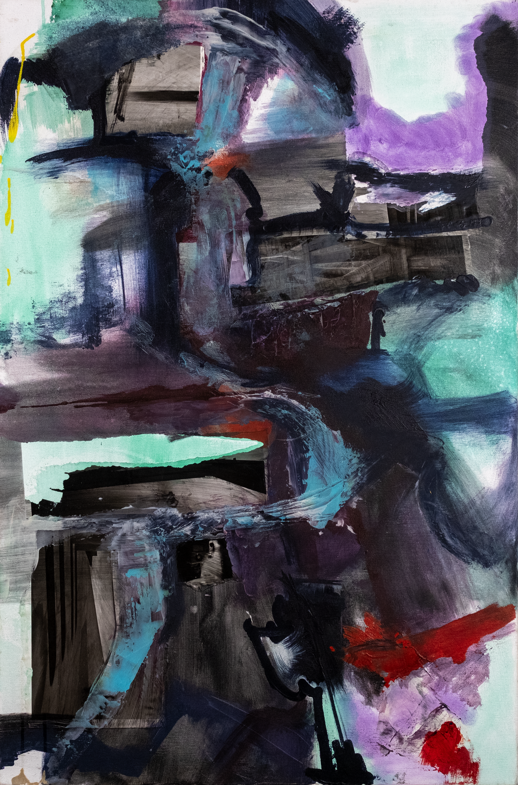 An abstract depiction of a deconstructed shape. A focus on dark tones including purple and dark blue.