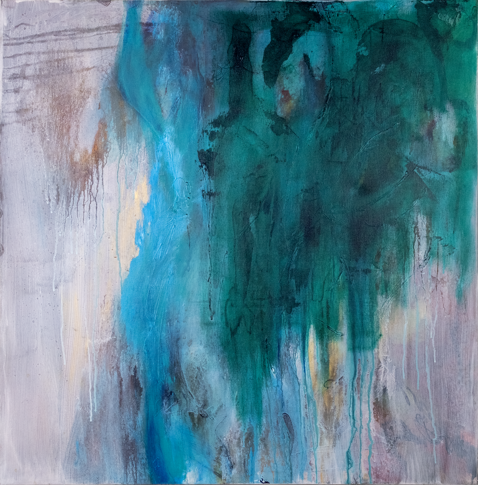 Acrylic paint on canvas, featuring blue, green and white.