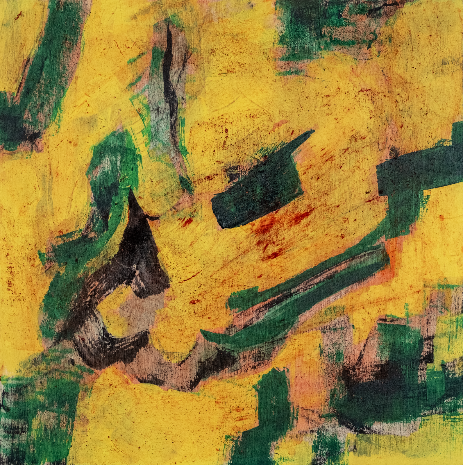 Yellow and green, texture speckled, an abstract display of visceral intention